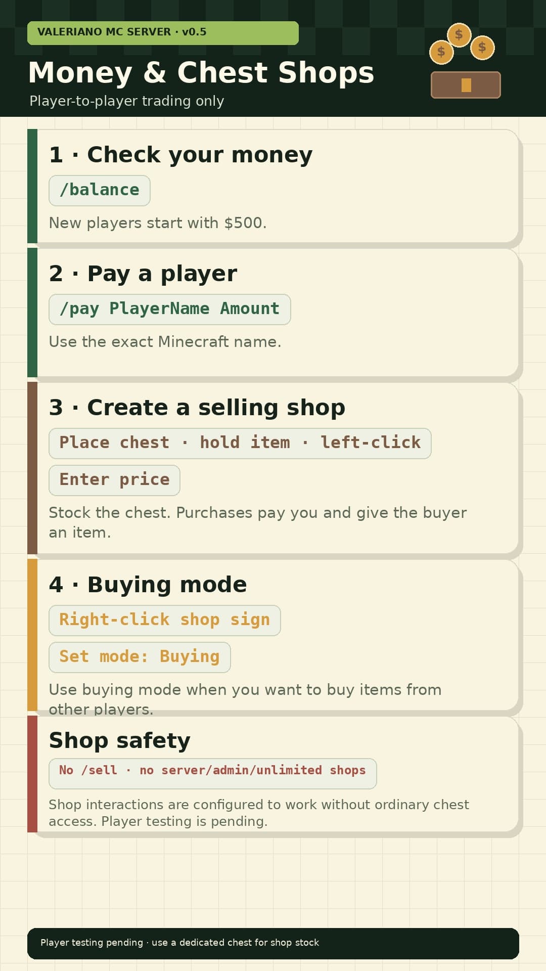 Valeriano MC Server money and chest shops guide